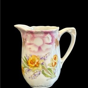 Vintage porcelain pitcher with daffodils, flowers & airbrushed accents 4”H